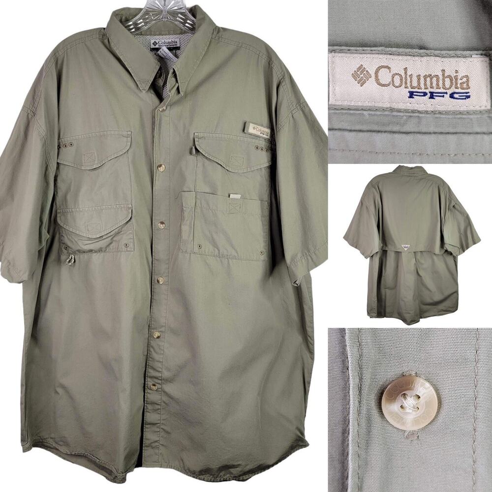 Columbia PFG Shirt Men's XL Army Green Vented Short Sleeve Fishing